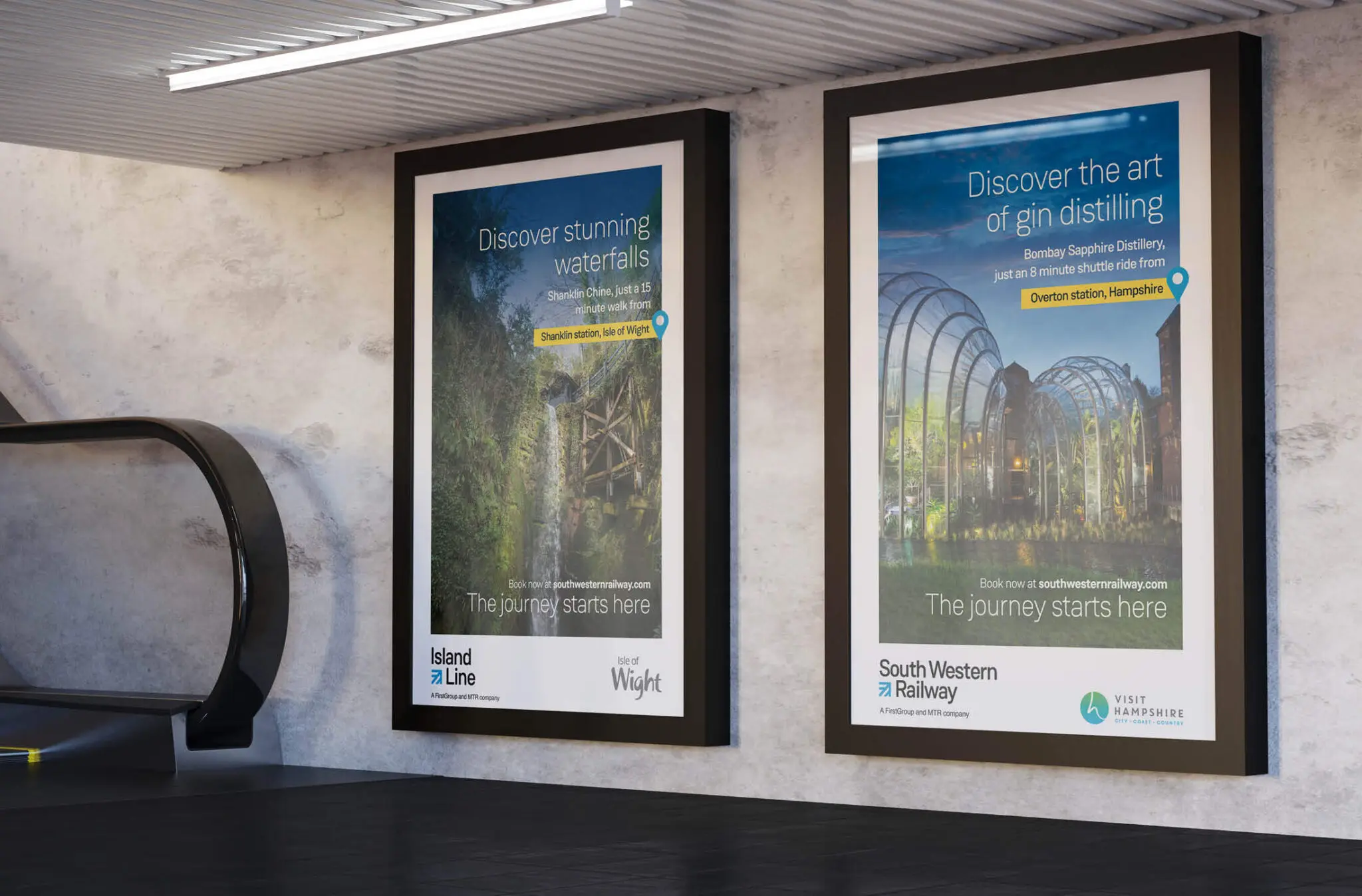 SWR graphic design DL posters at stations on the South Western Railway network showing photography of locations on their route